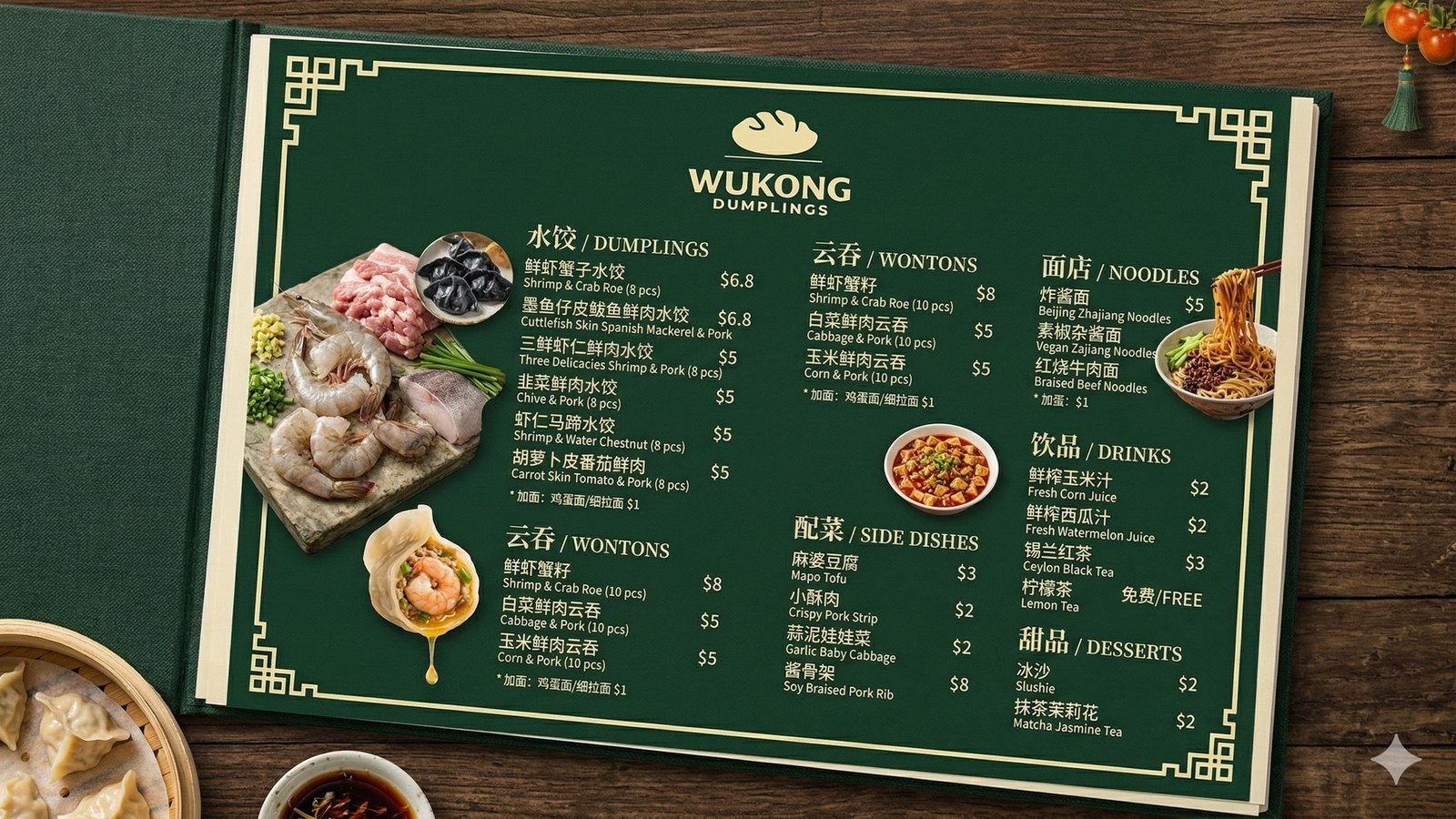 WUKONG Dumplings menu board